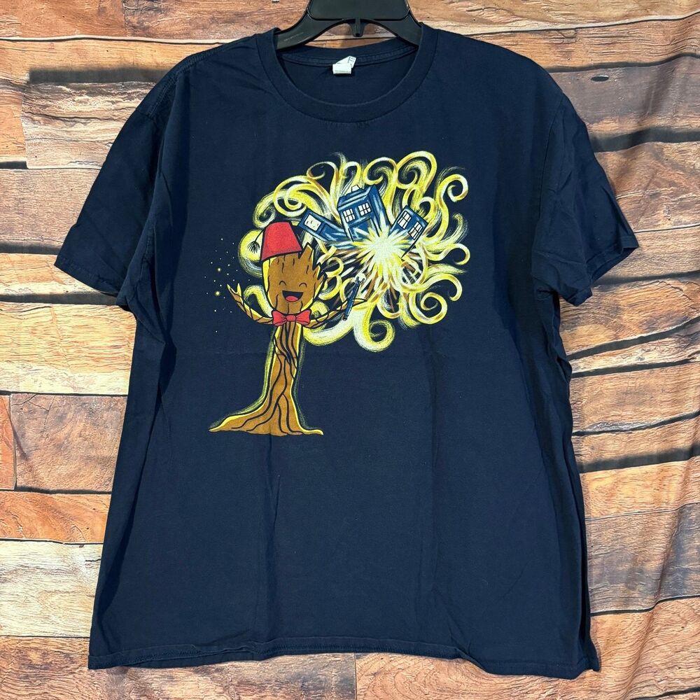 Doctor Groot T-Shirt XL Navy Blue Doctor Who TARDIS Guardians of the Galaxy Dmg